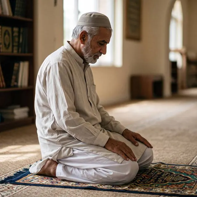 Elderly man kneeling on a prayer mat