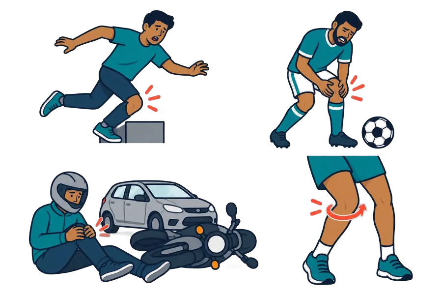 Injury scenarios: fall, sports, road accident, twist