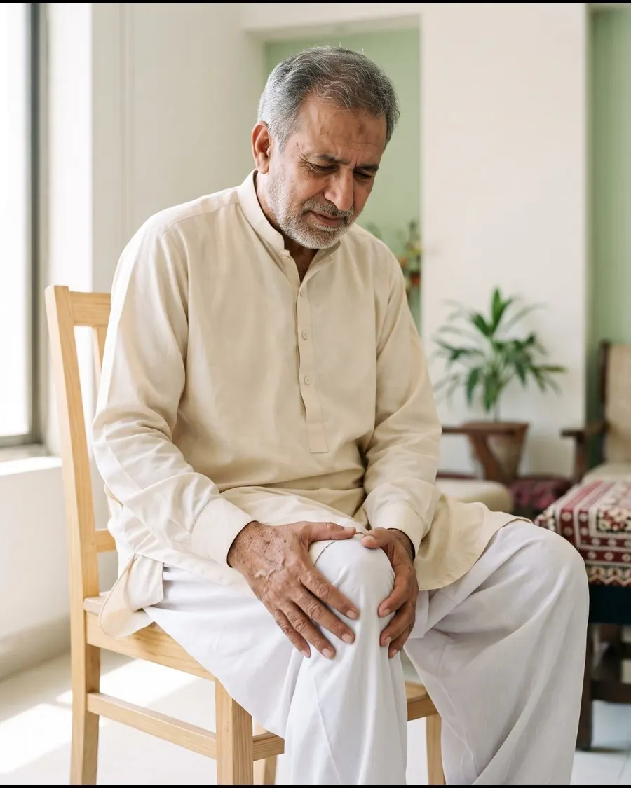 An elderly man sitting on a chair, holding his painful knee