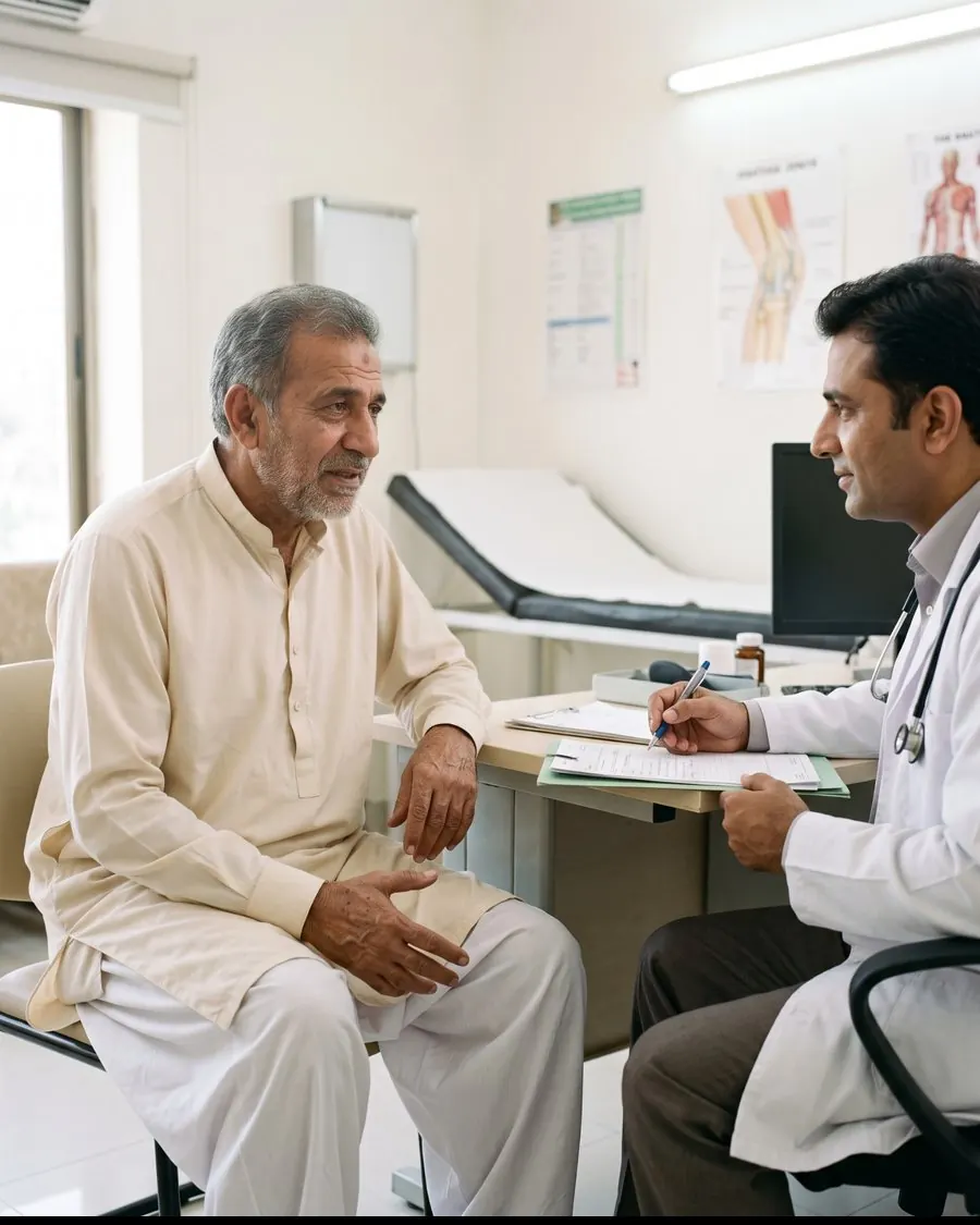 An elderly man talking to a doctor in a clinic