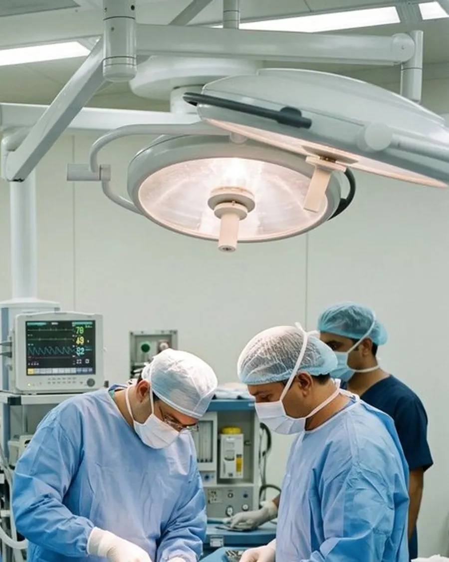 Surgeons performing knee surgery in an operating theatre